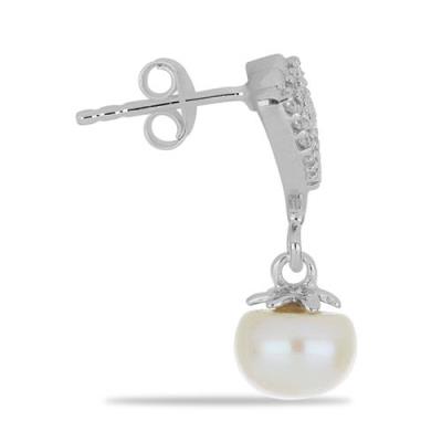 BUY NATURAL WHITE FRESHWATER PEARL & WHITE ZIRCON GEMSTONE EARRINGS IN STERLING SILVER